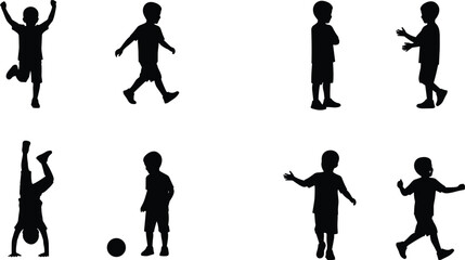 Silhouette vector set of playful children in dynamic poses jumping, walking, playing, and interacting for educational and design use.