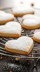 Heartshaped pastries dusted with powdered sugar on a cooling rack