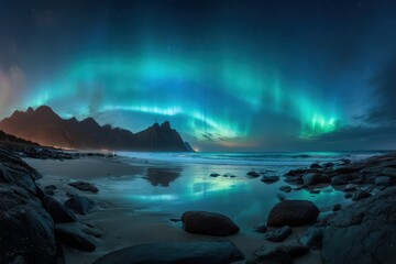 Naklejka premium Aurora Borealis Illuminating Night Sky Over Rocky Beach Landscape