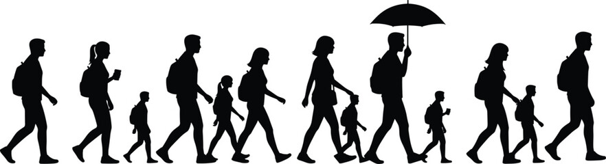 Silhouettes of people walking with backpacks and umbrella, symbolizing travel, migration, and family journey for editorial and design use.