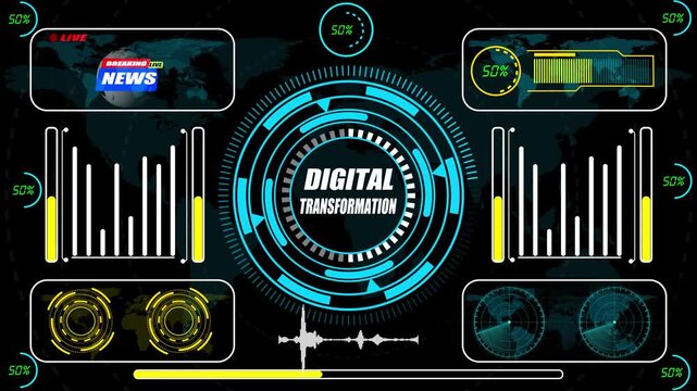 A modernization-focused HUD animation presenting digital transformation intelligence through capability-mapping indicators, adaptive workflow layers, and synchronized enterprise-evolution signals