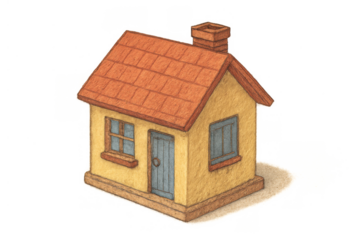 Isometric drawing of a cozy cottage house with red roof and blue door, representing home living