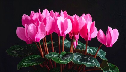 Field of blooming pink cyclamen flowers with snow-capped mountains and colorful sky at sunrise or sunset