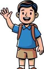 Cartoon illustration of a smiling school boy waving wearing a backpack on transparent background