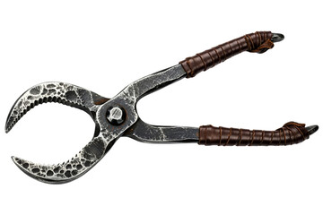 Vintage hand forged blacksmith tongs with leather wrapped handles isolated on transparent background