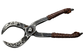 Vintage hand forged blacksmith tongs with leather wrapped handles isolated on transparent background