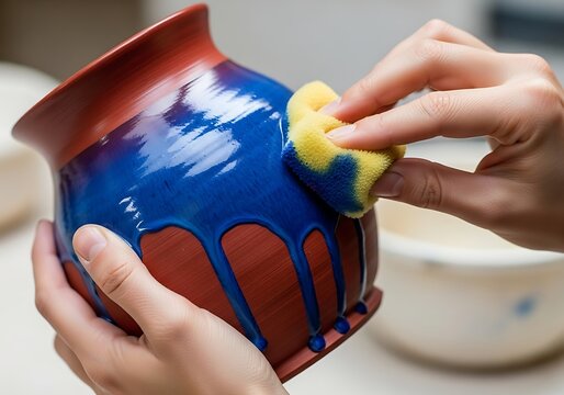 Ceramic pot refinement process by hand using a soft sponge tool