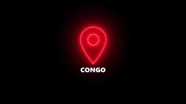 Red neon glowing location pin icon with the word CONGO centered below on a black background map marker