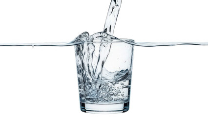 A high-speed shot of fresh water being poured into a transparent glass creating a dynamic splash isolated on transparent background