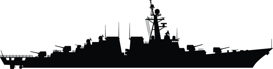 Black Silhouette Vector Outline of a Modern Navy Destroyer Warship or Frigate with Guns and Radar – Military, Defense, and Naval Concept Isolated on White © Shahariar's World