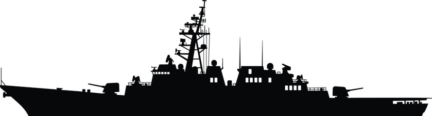 Black Silhouette Vector Outline of a Modern Navy Frigate or Light Destroyer Warship – Military, Defense, and Maritime Security Graphic Isolated on White Background