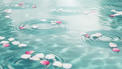 Serene Water Surface with Floating Pink and White Petals