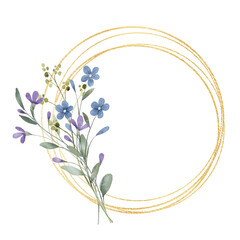 Floral golden wreath, frame with watercolor flowers. Digital illustration isolated on white background.