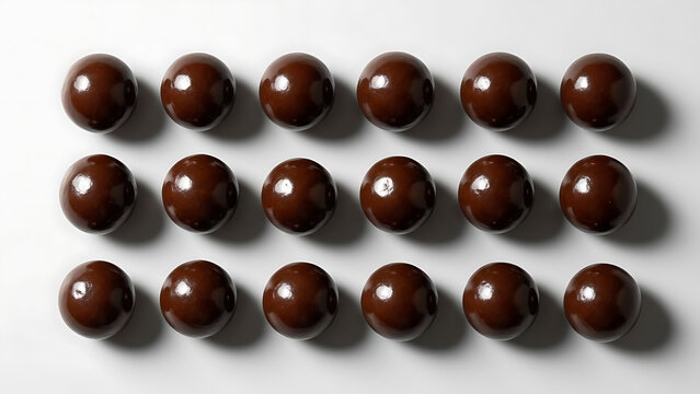 A top-down view of a grid of 15 dark chocolate-covered malt balls arranged on a white surface.