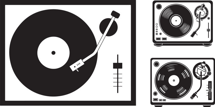 Black and white vector illustration set of a classic turntable record player