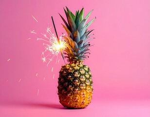 Pineapple with sparkler on pink. Celebration vibes!