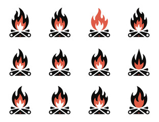 Collection of campfire icons featuring black logs and red flames, perfect for outdoor and camping designs