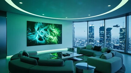 Modern living room interior with cityscape view, blue lighting, sofa, and abstract art, luxury apartment design.