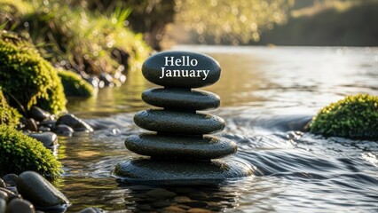Hello January message on stacked zen stones in flowing river water.