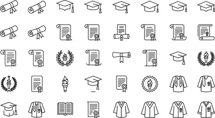 Graduation and education outline icon set featuring diplomas, certificates, laurel wreaths, graduation caps, academic robes, and achievement symbols