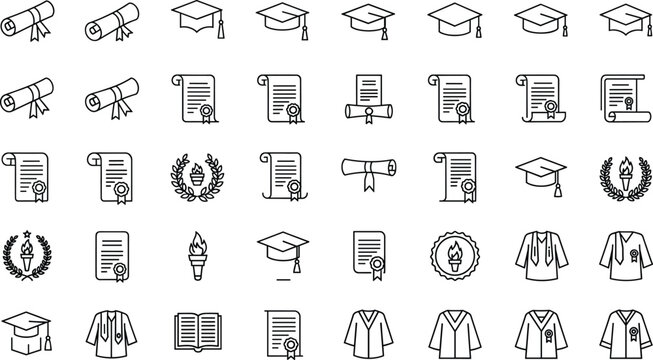 Graduation and education outline icon set featuring diplomas, certificates, laurel wreaths, graduation caps, academic robes, and achievement symbols