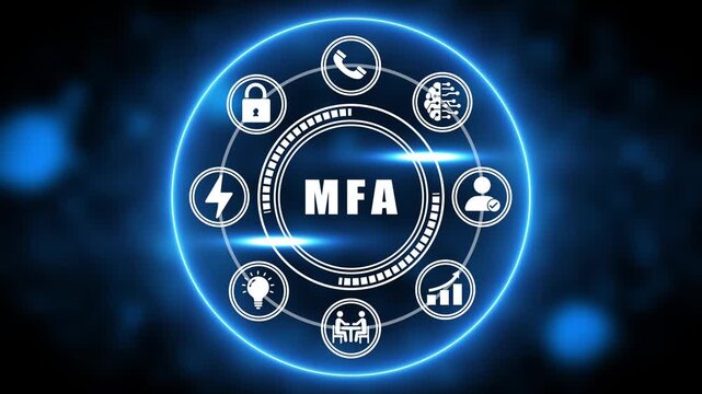 MFA Multi- Factor Authentication technology concept with icons in a blue neon circle on a dark background