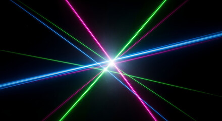Dynamic abstract laser light show with colorful beams on a dark background
