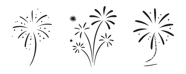 Fireworks black simple line vector icon set. Celebration explosion in sky, festive salute with stars