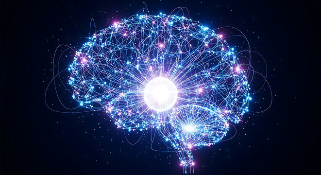 Digital artificial intelligence brain with glowing neural network and data connections
 - Powered by Adobe