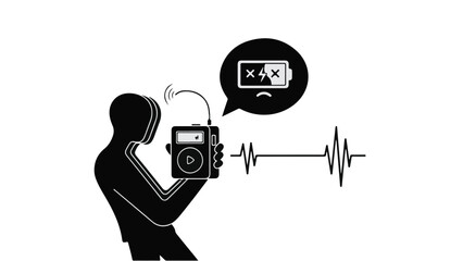 Person holding device with low battery and sound wave graphic, symbolizing depleted energy or technology failure.