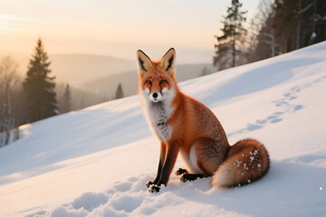 Red fox sits on a snowy hillside in winter sunlight