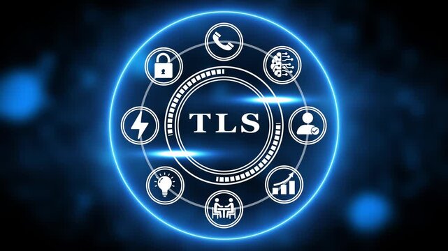 TLS encryption protocol security and network communication concept with icons Keywords: TLS, Transport Layer Security, encryption, protocol, security, network, communication, data, protection
