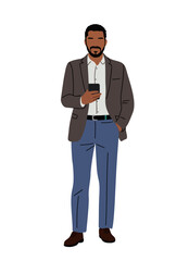 Modern business professional holding a smartphone, wearing blazer and dress pants, clean minimalist style Flat vector illustration isolated on transparent background.