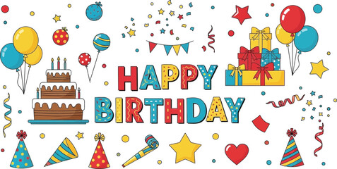 Colorful birthday illustration with balloons cake gifts and confetti on transparent background © CreativeAlim02