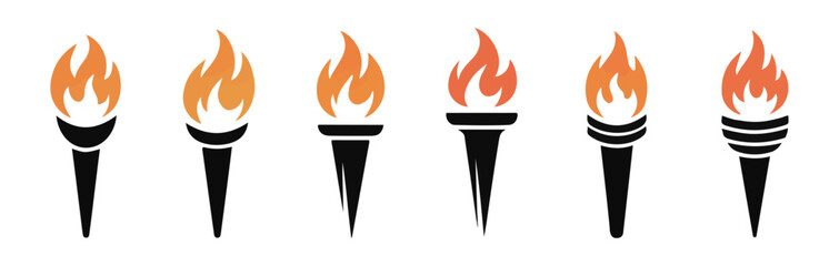 Series of six torch icons showcasing variations of orange flames atop distinct black torch designs, symbolizing victory