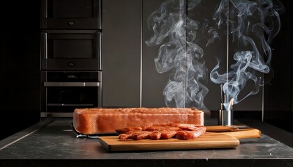 Freshly sliced savory meat on a sturdy wooden board amidst captivating smoke in a sleek, modern kitchen, highlighting delicious culinary preparation