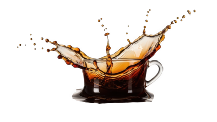 Dynamic high-speed close-up shot of hot coffee splashing out of a glass mug isolated on transparent background