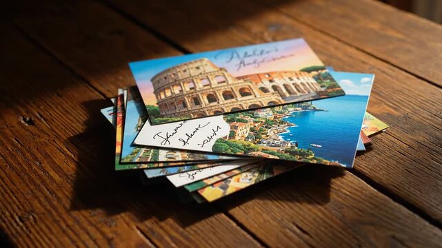 Stack of Postcards featuring Colosseum and coastal town Italy on wooden table, Travel
