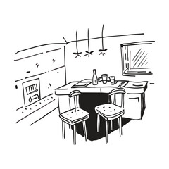 Fototapeta premium Vector illustration set featuring hand-drawn sketches of house interiors with furniture including tables, chairs, and office room design elementsWould you like me to generate more variations of this