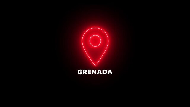 Red Neon Location Pin Icon with the Word Grenada on a Black Background map marker navigation