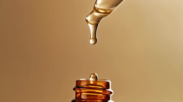 Premium glass dropper softly squeezing golden skincare serum in cinematic slow motion