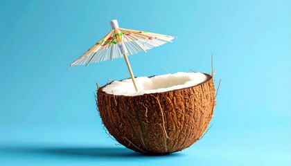 Fototapeta premium Cracked coconut with umbrella on blue backdrop