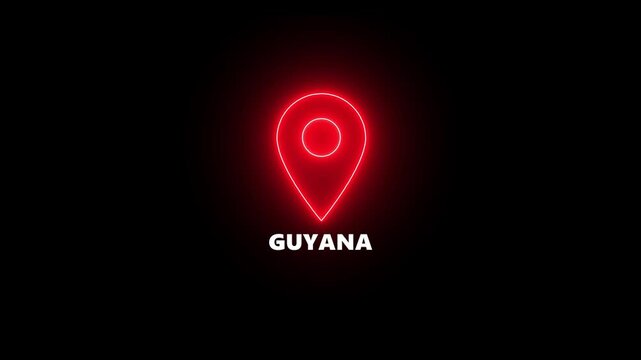 Red neon location pin icon with the word GUYANA illuminated on a dark background Guyana map marker