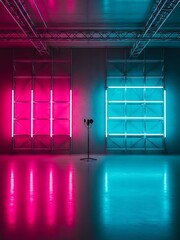 Illuminated music studio setup with pink and cyan light panels and microphone
