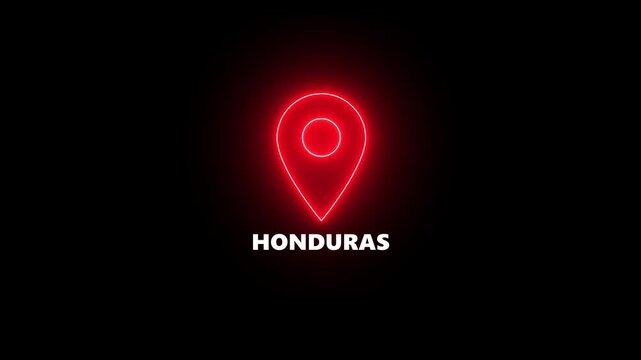Red neon location pin icon with the word HONDURAS illuminated on a dark background Honduras map marker