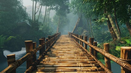 Misty Jungle Bridge, Walking Path, Lush Forest, Tranquil Scenery. Possible use for travel brochures, nature documentaries, or environmental campaigns