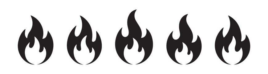 Set of fire flame icon isolated on white background, outline black flames in various forms collection