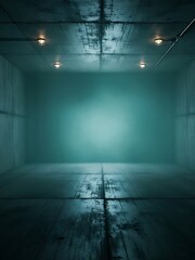 Mysterious illuminated space within a concrete box like structure indoors