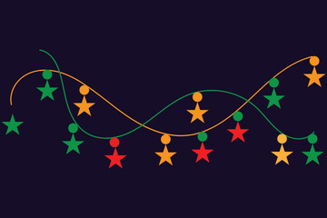 Colorful star shaped christmas lights string on dark background
