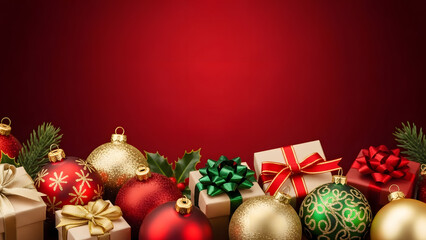 Obraz premium Festive Christmas Decorations with Ornaments and Gift Boxes Against Red Background